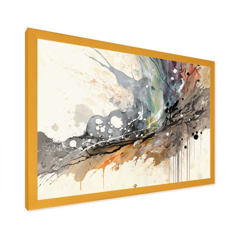 «Jazz Rhythms In Shades Of Grey III», art abstrait à l'encre liquide, Cadre doré simple, H 30 po x l 40 po x P 1,5 po