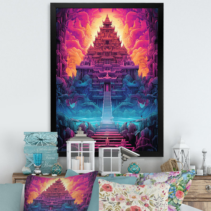 Temple bouddhiste thaïlandais, paysage de rêve spirituel sur toile, Cadre simple noir, H 44 po x l 34 po x P 1,5 po