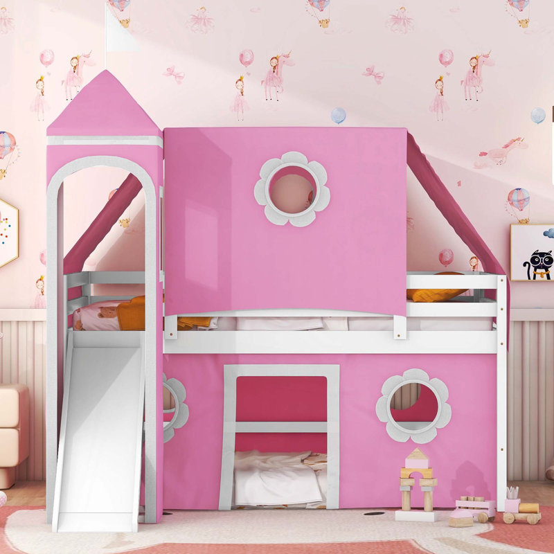 Lit mezzanine pleine grandeur avec tente et tour rose Slide - Rose