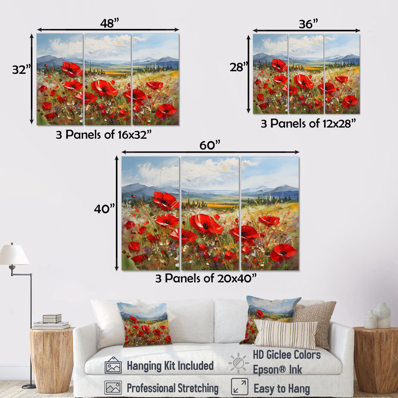 «Red Poppies Field In Mountain I», ensemble d'art sur toile coquelicots, Toile tendue, H 32 po x l 48 po x P 1 po