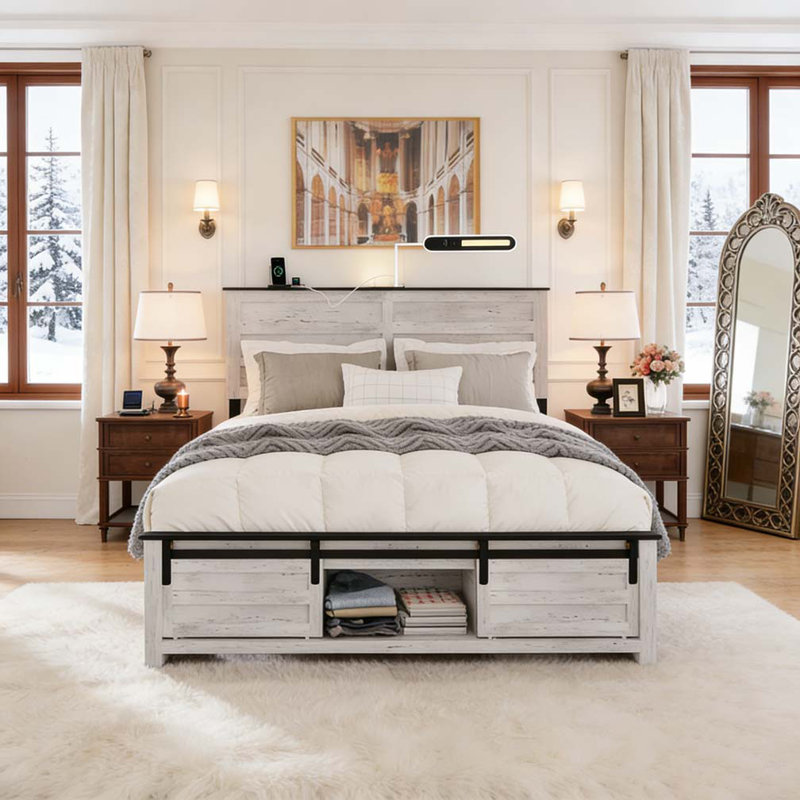 Queen Bed Frame with Upholstered Headboard and Wood Platform, Antique White, Queen