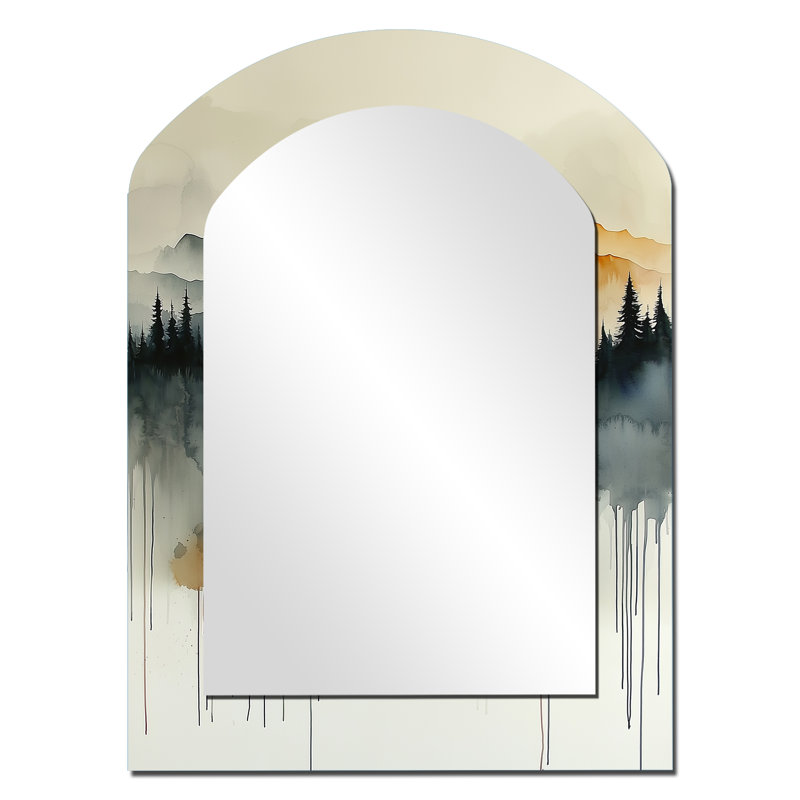 Bold Mountain Landscape In Autumn I - Mountains Asymmetrical Wall Mirror, Orange Arch Decorative Mirror, Printed Metal Art