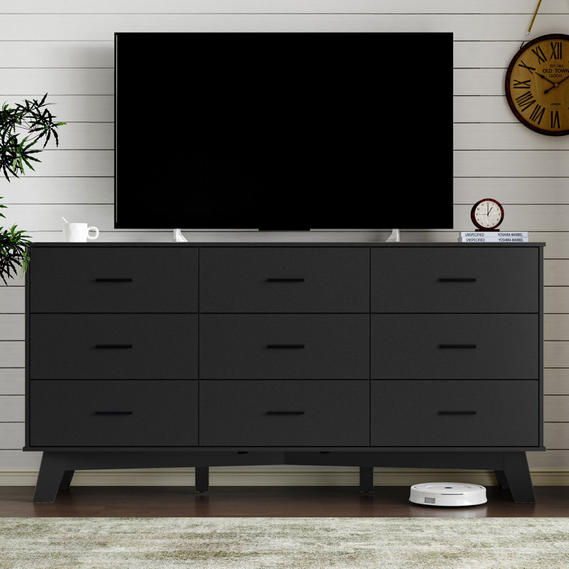 9 Drawer Wide Modern Chest Of Drawers With X-Shaped Sturdy Base, Black