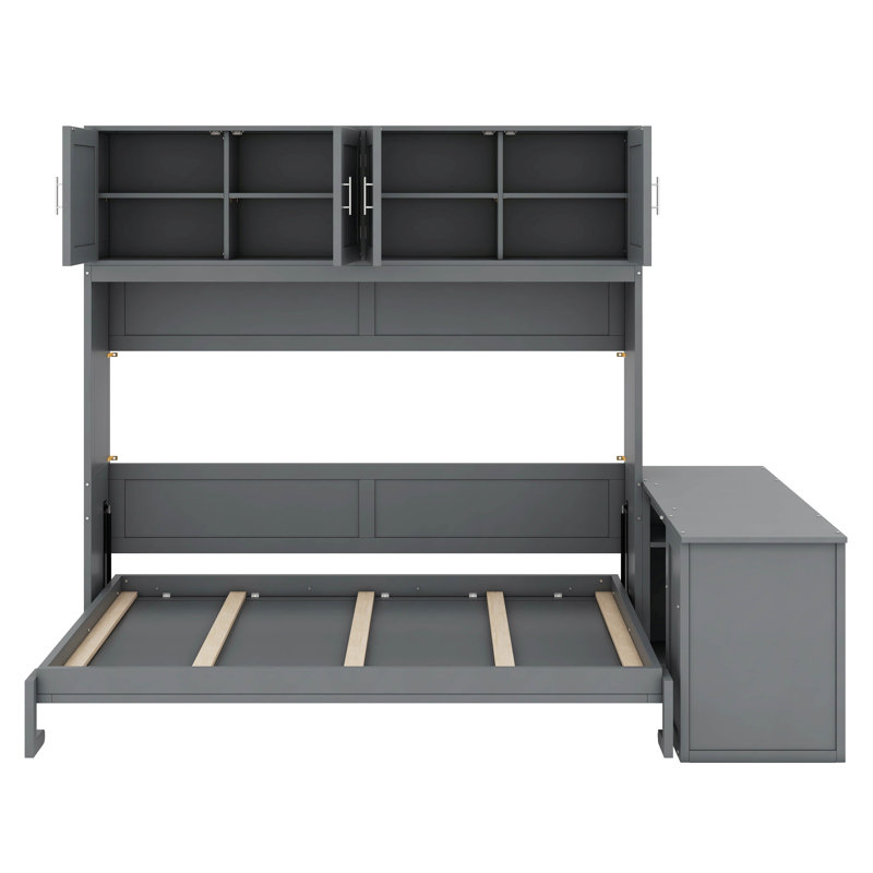 Grand lit escamotable avec bureau et tablettes, gris
