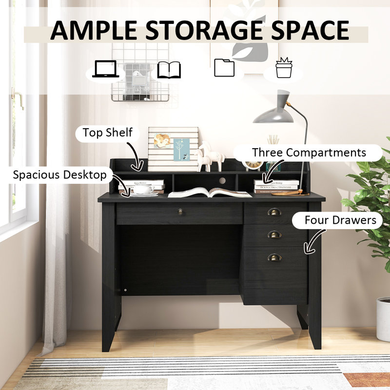Red Barrel Studio Vintage Computer Desk With 4 Drawers And Shelves, Black