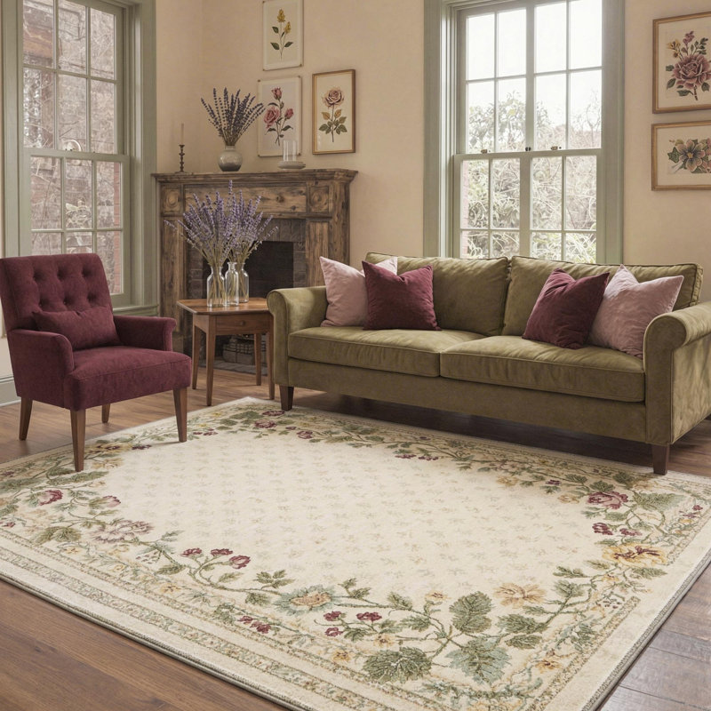 Floral Machine Washable Beige/Light Green/Ivory Indoor Area Rug With Non-Slip Backing, Rectangle 8' x 10'