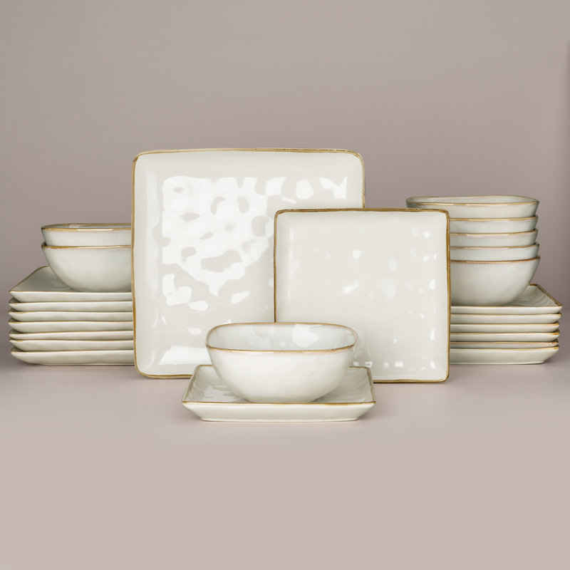 Stoneware Dinnerware Sets, 24-Piece Dish Set, White