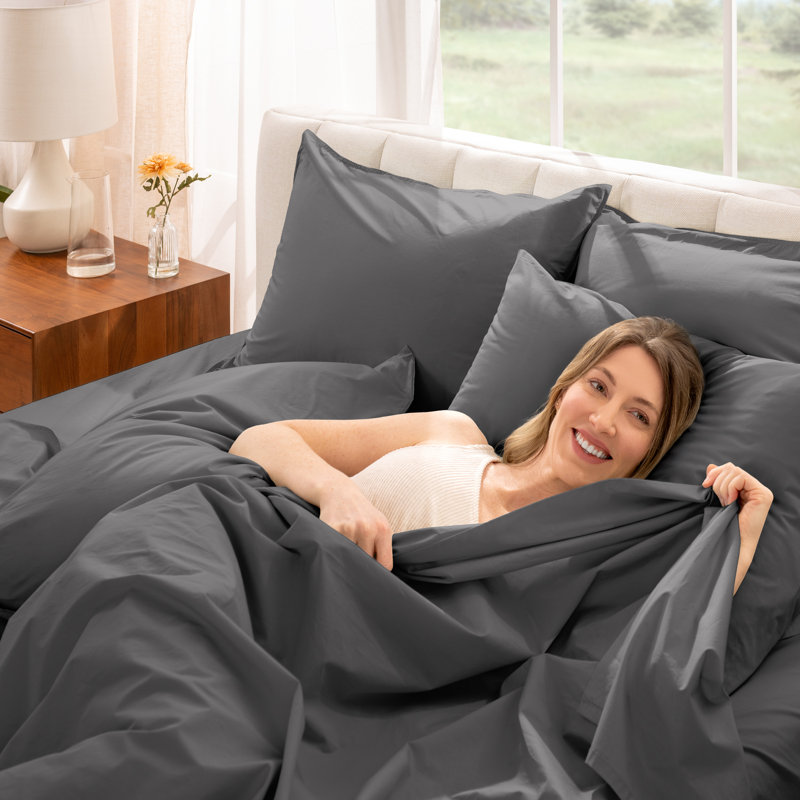 Ensemble de draps 100% coton percale, Gris, Ensemble de draps pour taille de lit double TG ave