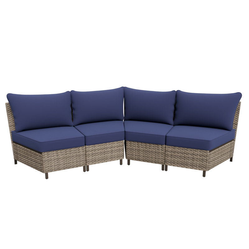 Patio Wicker 4-Person Sectional Sofa Seating Group, Cushion, Blue