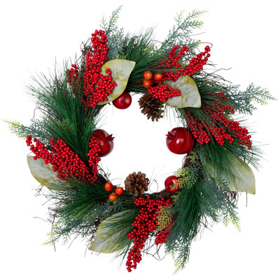 Autumn Harvest Pine Berry and Pomegranate Wreath 24 inch Unlit