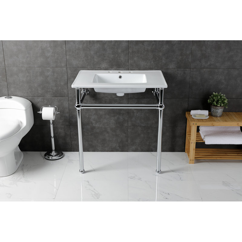 Kingston Brass Templeton 31-Inch Ceramic Console Sink with Brass Legs (8-Inch, 3-Hole), White/Polished Chrome