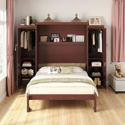 Lit escamotable double en noyer avec 2 armoires et tablettes de rangement | Cadre de lit mural peu encombrant | Conception de plateforme pliable