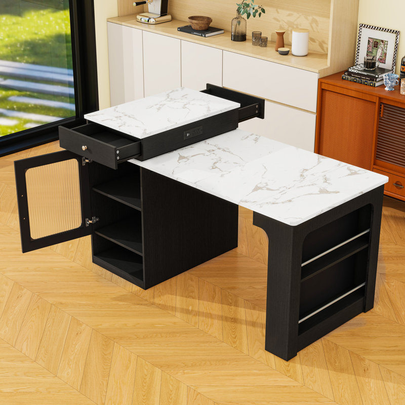 Kitchen Island with Extendable Dining Table, Double-Sided Storage, Power Outlet and Adjustable Shelves, Black