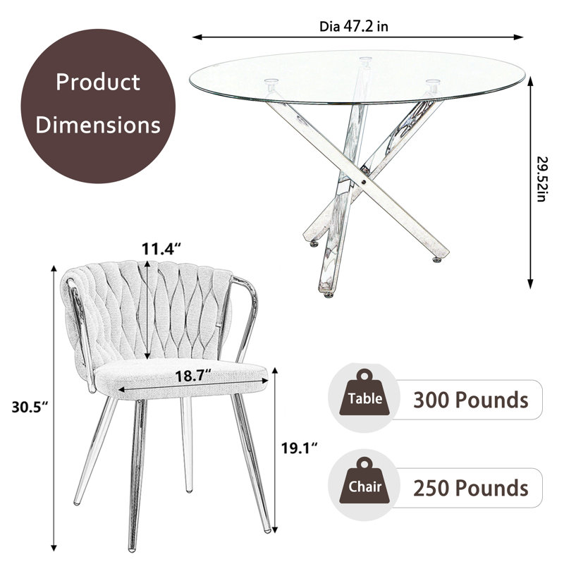 Ensemble de salle à manger 47 po, 5 pièces: table, 4 chaises, Beige, Argent argent