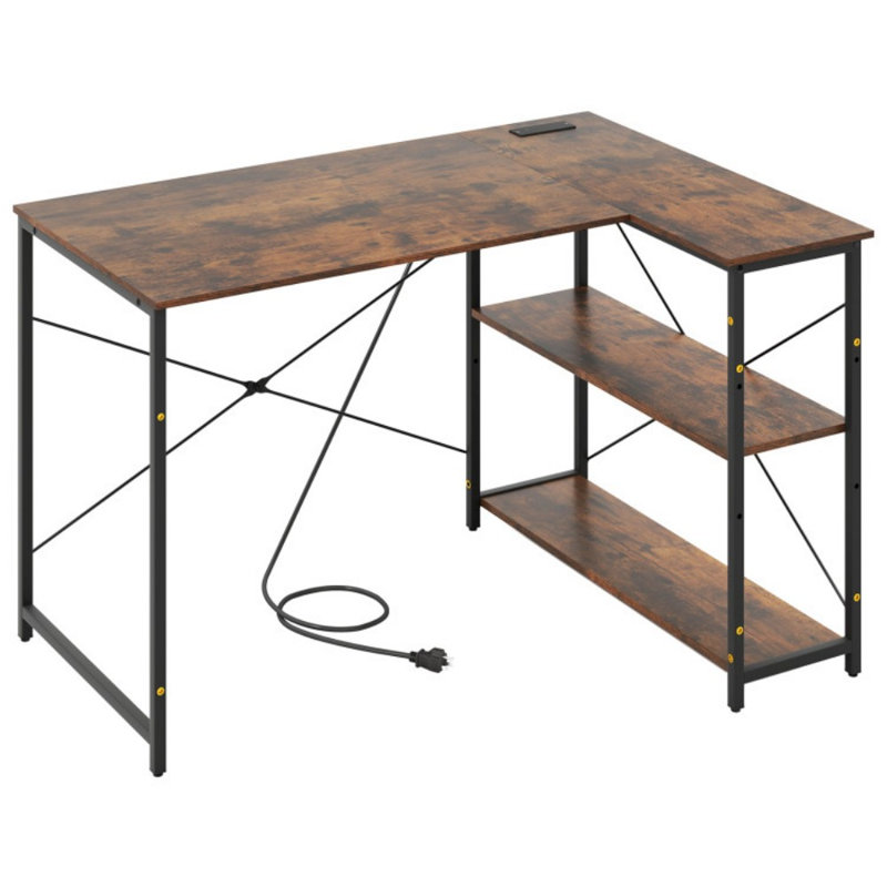 L-Shaped 47 Inch Reversible Corner Desk With Adjustable Storage Shelves, Rustic Brown/Black