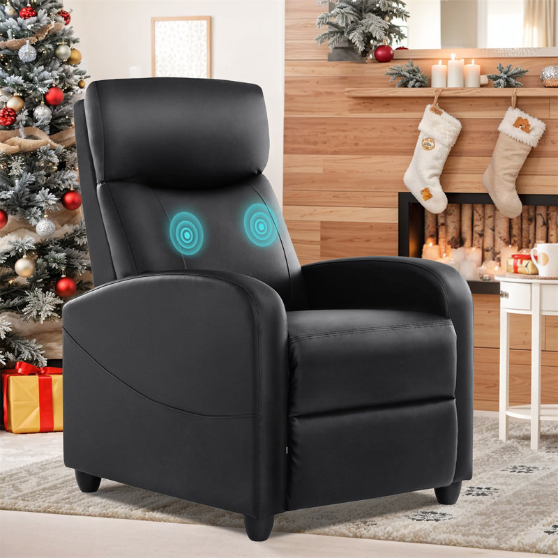 Recliner Chair For Adults, Massage Faux Leather Small Recliner Home Theater Seating For Living Room, Black
