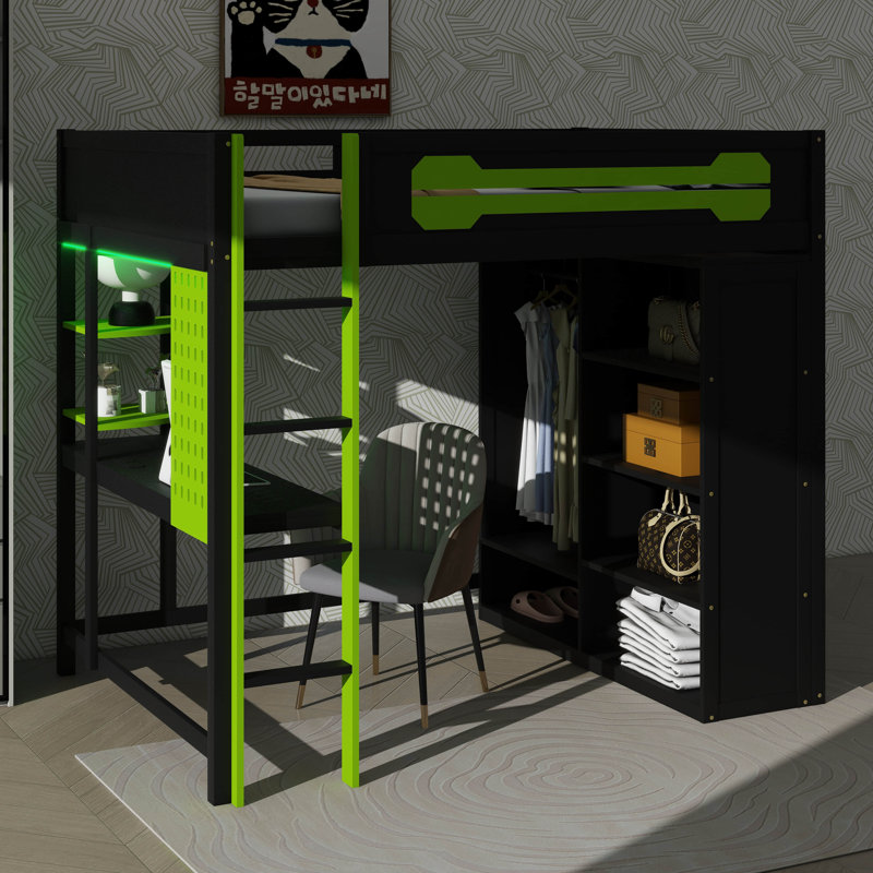Lit mezzanine pleine grandeur avec bureau et garde-robe ouverte, cadre en bois avec espaces de rangement et éclairage intégré