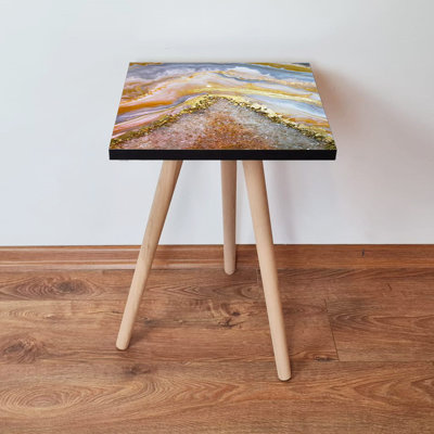 Abstract Marble Side Table, 100% MDF with Beech Wood Legs, 13.8 x 16.5 x 13.8 inches | Durable & Stylish Design | Perfect for Living Room, Bedroom, or Office | Modern Accent Furniture