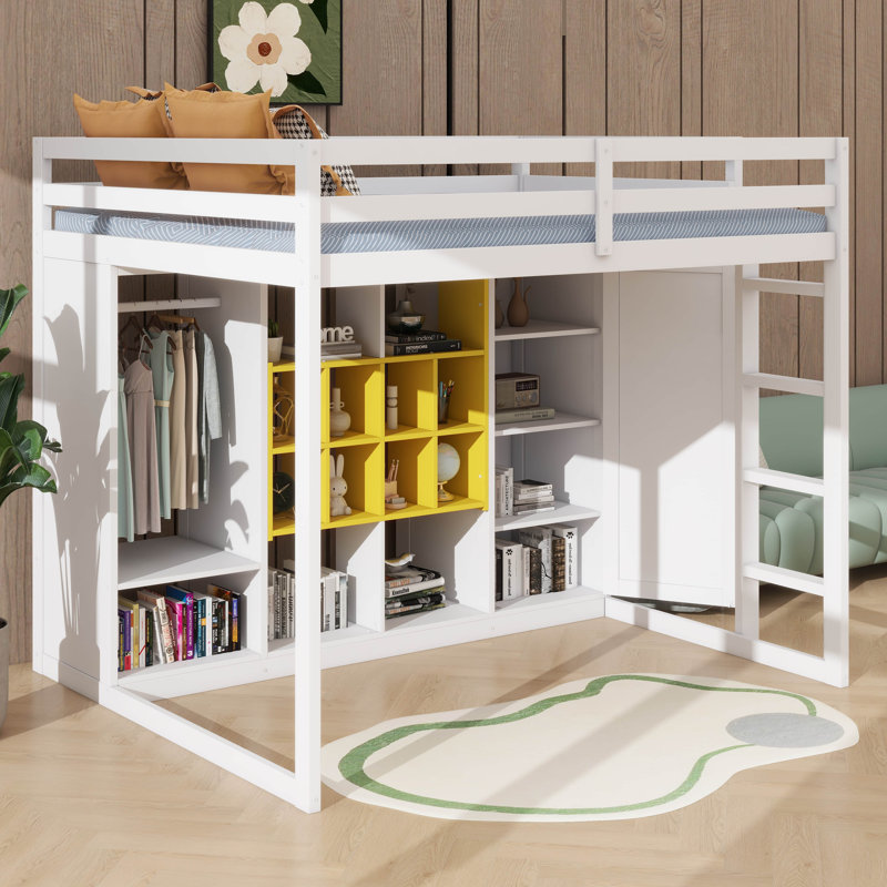 Full-Size Elevated Loft Bed With Closet, Racks, And Drawer Unit, White/Yellow
