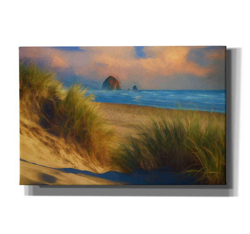 «Evening on Cannon Beach Oil Paint» par Rick Berk, art mural sur toile, H 12 po x l 18 po x P 0,75 po