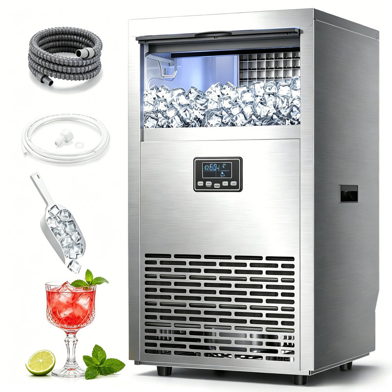 Machine à glaçons 100L / 24H commerciale autoportante, 29Lbs de rangement, écran tactile autonettoyant, épaisseur réglable, 45 cubes / cycle pour le bar en plein air