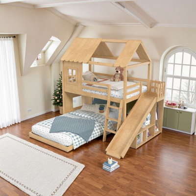 AVELOR Twin Over Full House Bunk Bed With Ladder, Slide, Storage Shelves & Wardrobe
