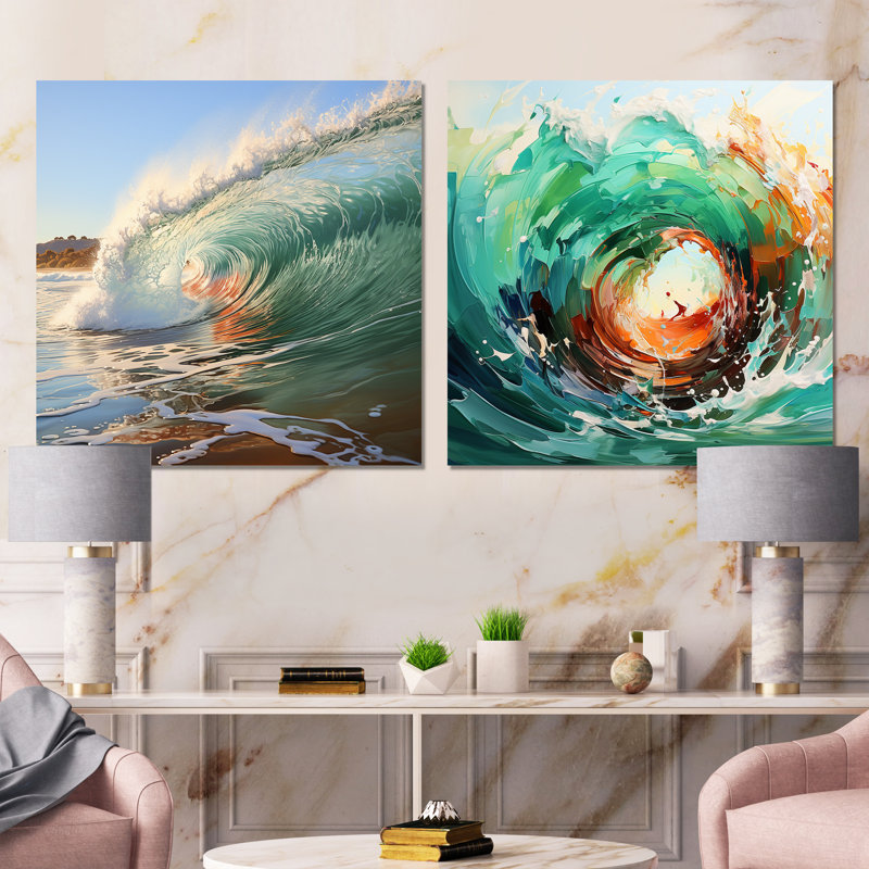 «Rolling Surf Waves I», ensemble de 2 carrés muraux abstraits modernes, H 16 po x l 32 po