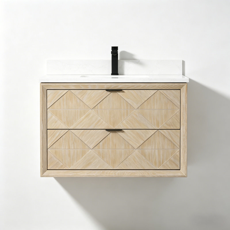 36" Transitional Floating Natural Oak Bath Vanity with 1" Engineered Marble Top, White Washed Oak