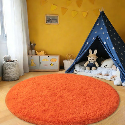 Orange Round Shag Rug Non-Slip Long-Pile Round Rug 6 ft Silk-Blend Rug Round Shag Rug Perfect for Teen Rooms Ideal for Bedrooms Great for Living Rooms Antibacterial Durable Material
