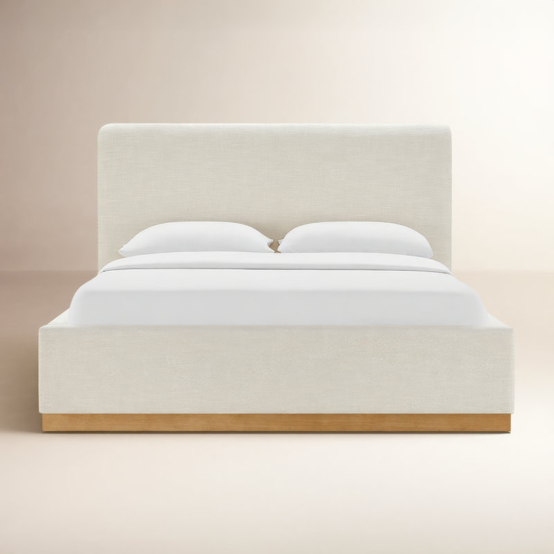 Delpha Grounded Upholstered Wood Base Bed, King, Effie Linen Performance Linen
