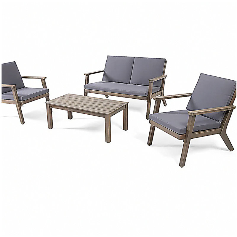 Ensemble de causeuse d'extérieur en bois d'acacia 4 places Temecula - Causeuse, table basse et 2 fauteuils club - fini gris + coussin gris