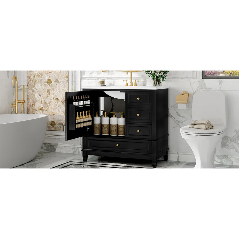 Meuble-lavabo de 36 po avec lavabo en céramique, panneau de fibres à densité moyenne et base en bois massif, 3 tiroirs et armoire avec tablettes, finition peinte en noir, meuble-lavabo autoportant avec trous de robinet de 4 pouces