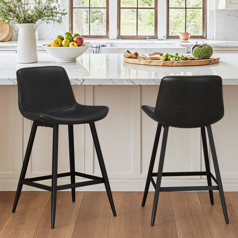 24" Upholstered  Counter Stool with Metal Frame And Footrest, Black, 2, Counter Stool (24” Seat Height)