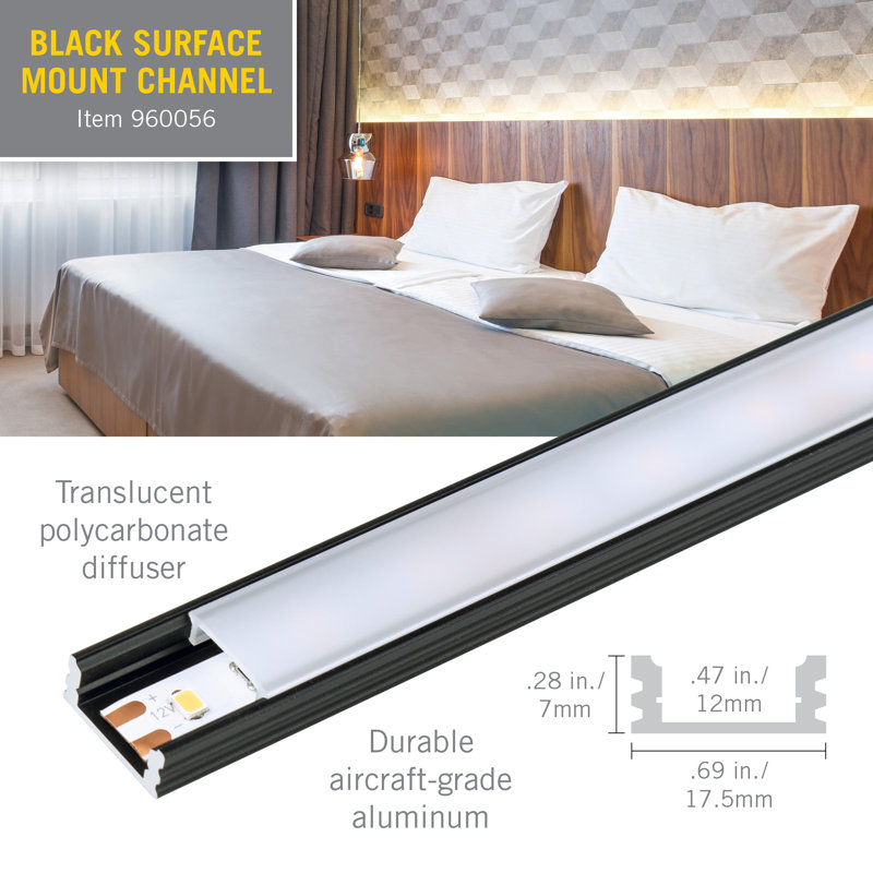 LED Tape Light Mounting Channel, Surface Mount, Black