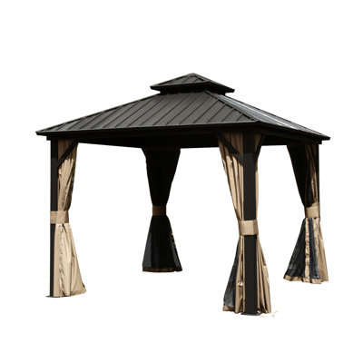 10' X Gazebo , Aluminum With Galvanized Steel Double Roof, Curtains And Netting For A Cozy Outdoor Experience, Brown 10X10ft Gazebo, Made Of Steel, Roof Weather Resistance Durability, Included,