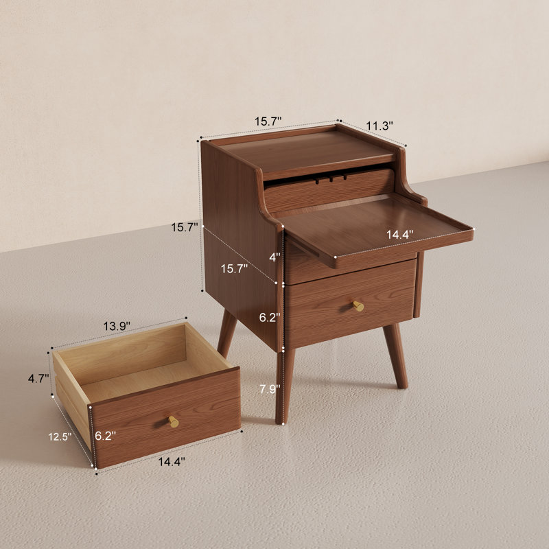Narrow Solid Wood Nightstand with 2 Drawers, Brown, 15.74"W