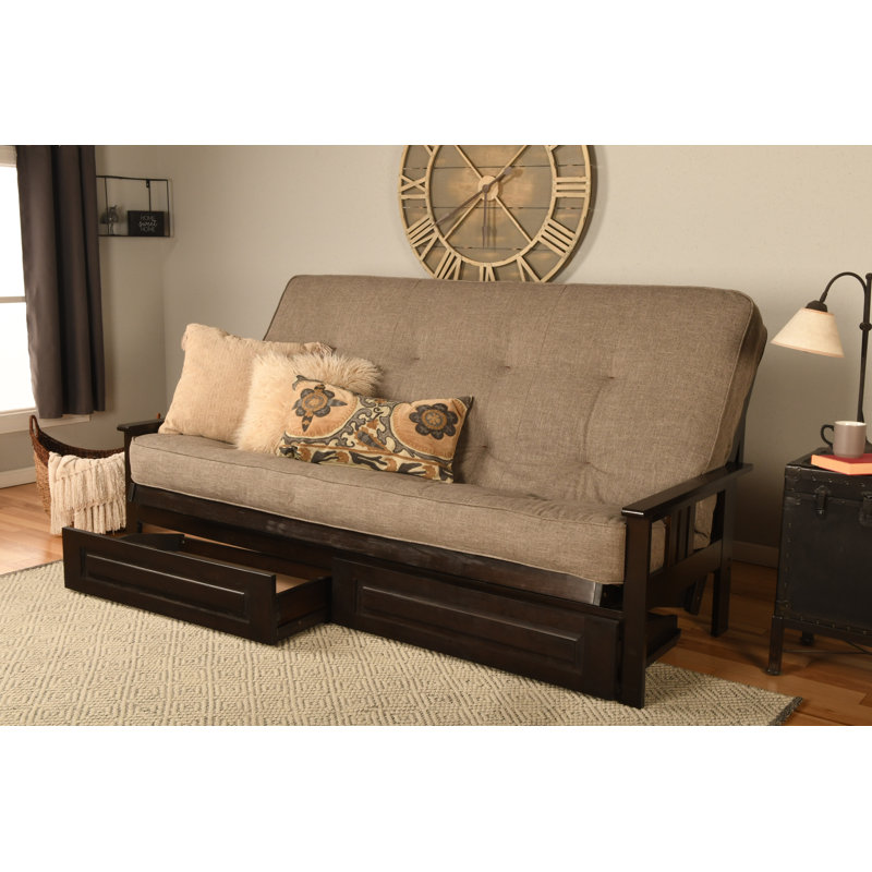 Stratford 86" Queen Futon and Mattress with Drawer set, Espresso, Linen Stone, Innerspring