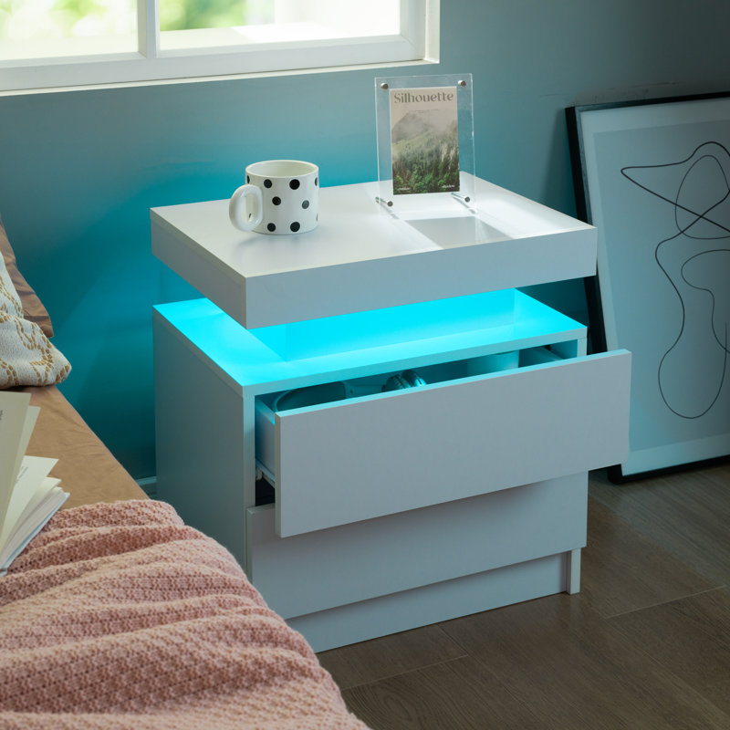 LED Nightstand with 2 Drawers, White