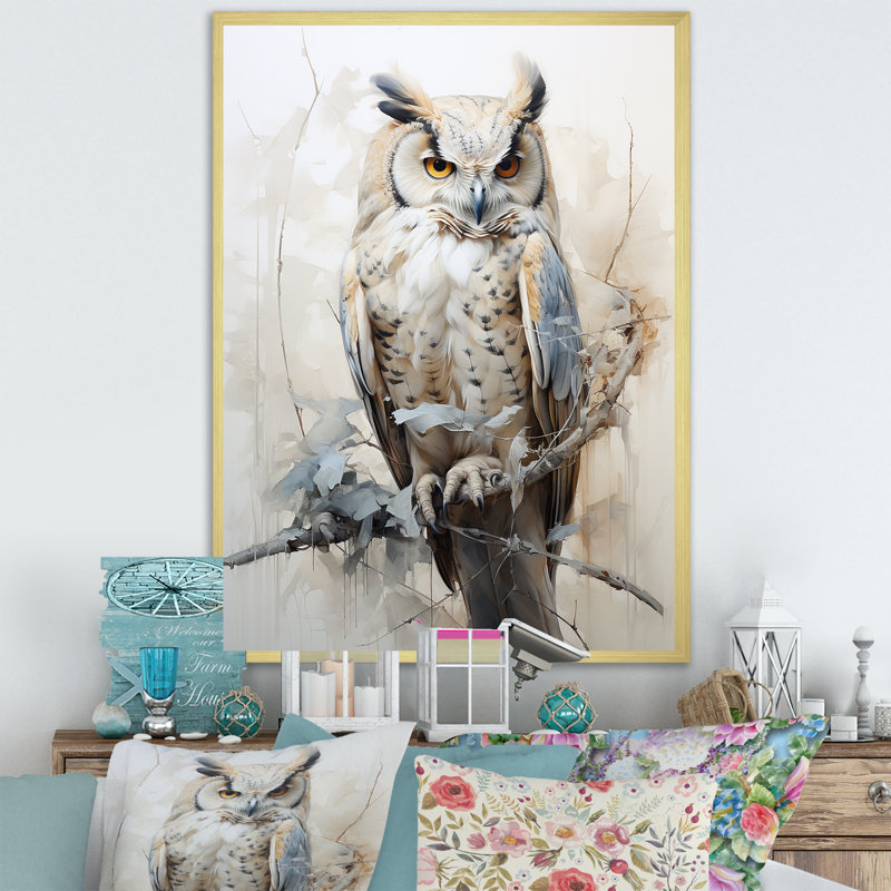 «Wise And Watchful Majestic Owl I», art mural hibou, H 40 po x l 30 po x P 1,5 po, Cadre doré simple