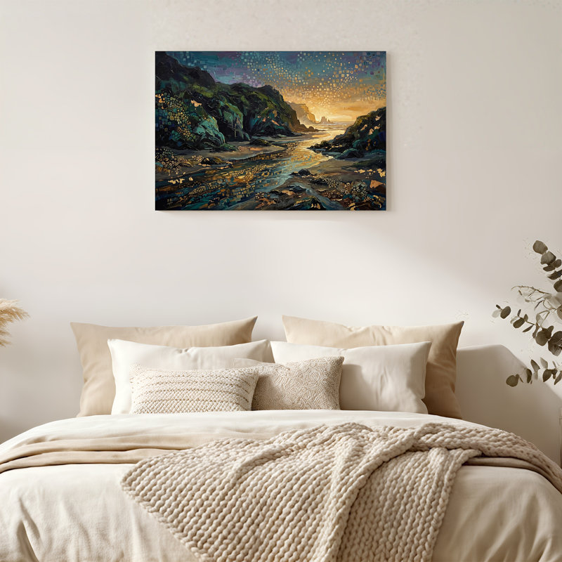 Art mural sur toile, falaises vert foncé et eau dorée, H 20 po x l 30 po