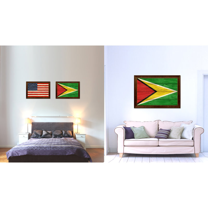 Drapeau du guyana sur toile, H 15 po x l 21 po x P 1 po, Encadrement brun
