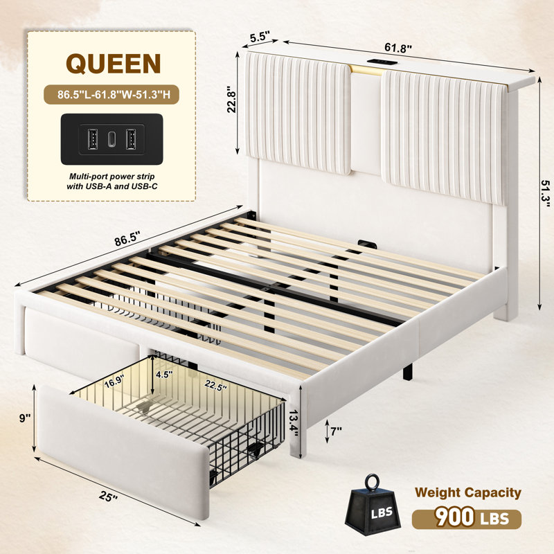 Upholstered Bed Frame With 51"H Storage Velvet Headboard, 2 Drawers And 3 Charging Ports, Beige