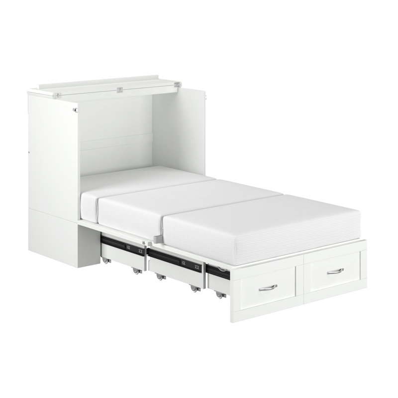 Commode et lit escamotable avec matelas 6 po, rangement et chargeur intégré Atiyah, Blanc, Simple TG