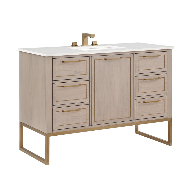 Ensemble de meuble-lavabo simple 48 po Markham, Gris cachemire, Quartz blanc, Laiton satiné