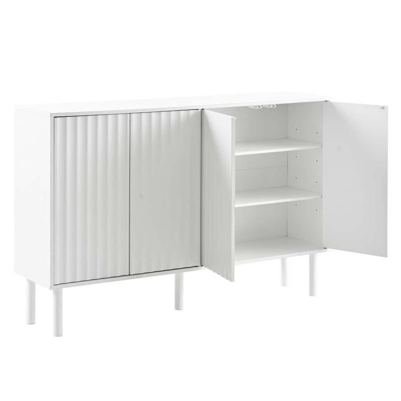 Minimalist Shoe Cabinet With 5 Solid Wood Legs, Cream Style Sideboard Buffet Cabinet With Fluted Doors, Large 4-Door Storage Cabinet With Adjustable Shelves For Living Room, White, 55.1*13.7"