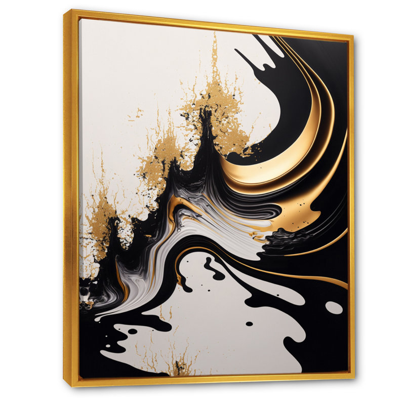 Azareth, vague noire et dorée - art mural abstrait pour le salon, H 44 po x l 34 po x P 1,5 po, Toile avec cadre flottant or