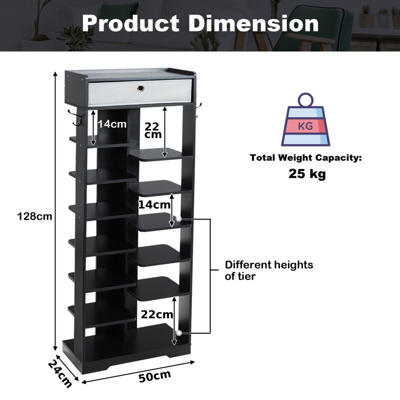 13 Pair Solid Wood Shoe Rack, Black