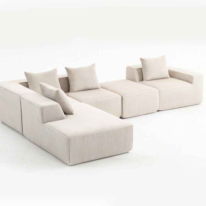 Compresseur modulaire à 5 places en velours côtelé, sans assemblage, siège moelleux, rembourrage en éponge haute densité, pour la vie principale avec velours côtelé beige, modulaire, pièce