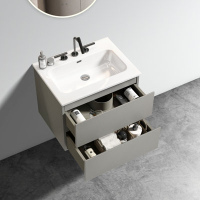24 po Meuble-lavabo de salle de bain gris espace avec mécanisme et lavabo en céramique au look élégant avec tiroirs silencieux
