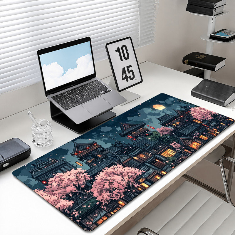 Tapis de souris en caoutchouc, surface lisse en microfibre, base antidérapante, bords arrondis, idéal pour le bureau et les jeux, 40 x 90 cm, motif paysage nocturne asiatique rose